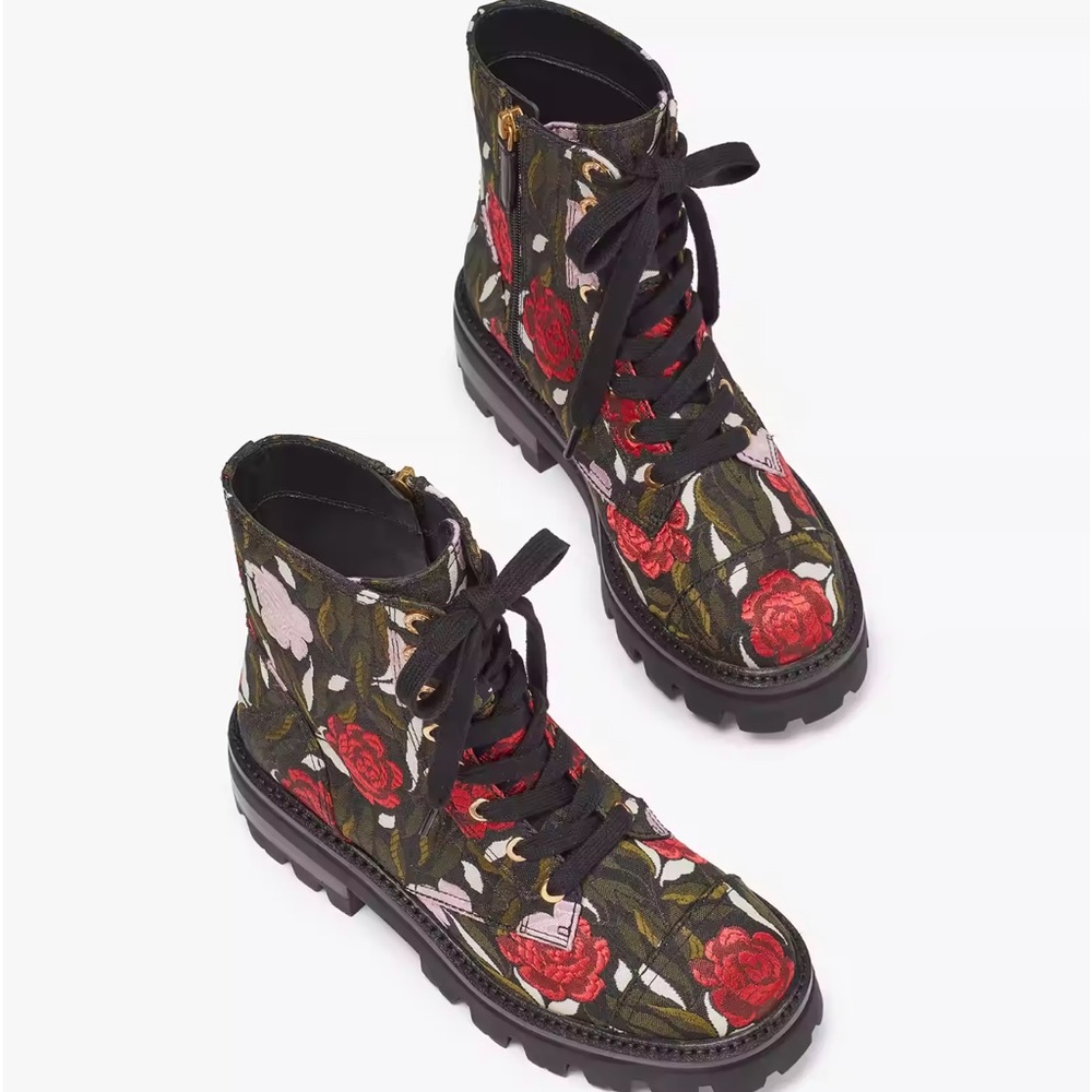 Kate Spade Merritt Lug Boots Rose Brocade Booties BlK Red Pink 7.5 NEW in BOX - Picture 5 of 6